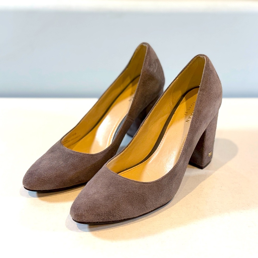 Cole Haan Gray Suede Alanna Block Heel Pumps